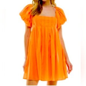 Bright Orange Puff Sleeve Mini Dress
